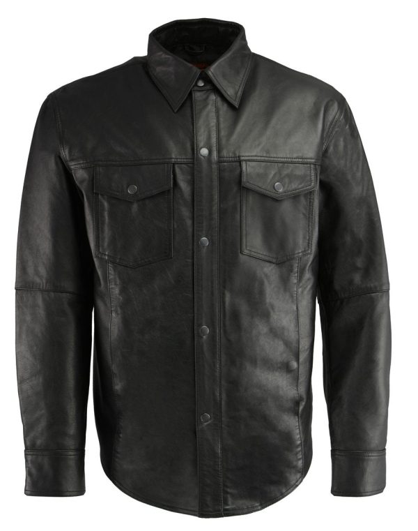 Milwaukee Leather LKM1601 Men s Black Lightweight Snap Front Casual Biker Leather Shirt For Discount