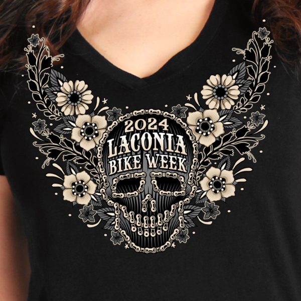2024 Laconia Bike Week Chain Sugar Deep V Black T-shirt  ELL1085 For Sale - Image 3