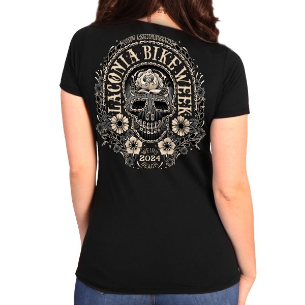 2024 Laconia Bike Week Chain Sugar Deep V Black T-shirt  ELL1085 For Sale - Image 2